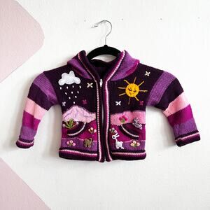 Peruvian Sweater Kids 12-18M Purple Colorful Farm Animal Wool Blend Embroidered